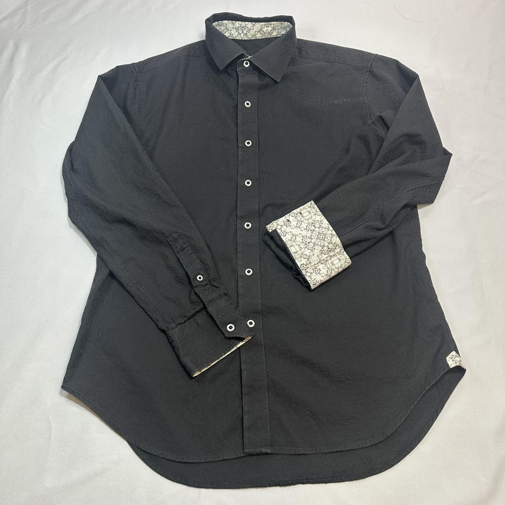 Robert Graham Shirt Mens M Black Praisley Jacquard Contrast Trim Casual Evening